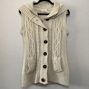 Marezzi Cream Cable Knit Button Up Faux Fur Lined Hooded Vest L Winter Cottage
